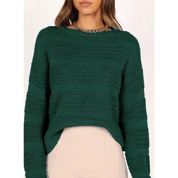 Women's Casual Loose Hollow Out Round Neck Long Sleeve Cable Knit Sweaters - Picture 3 of 4